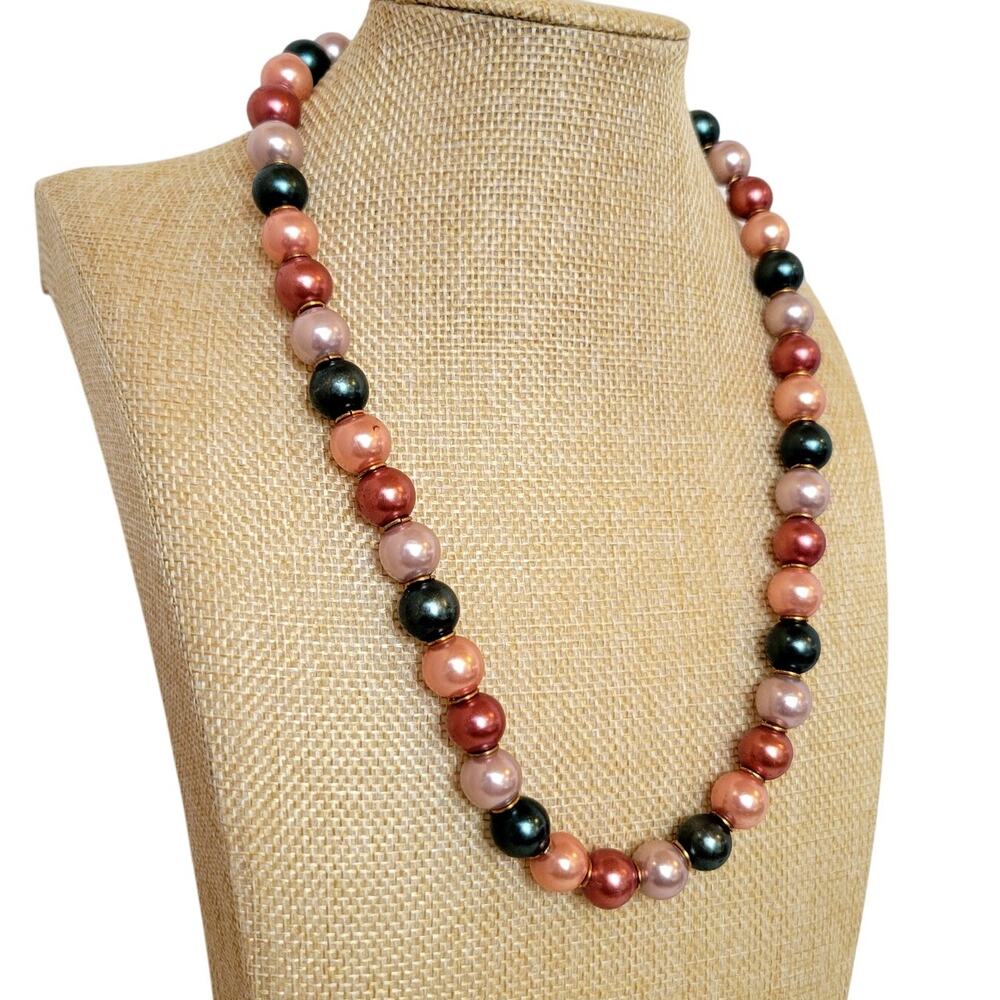 Vintage 20” Multicolor Faux Pearl Bead Necklace Round Costume Jewelry Pink Green